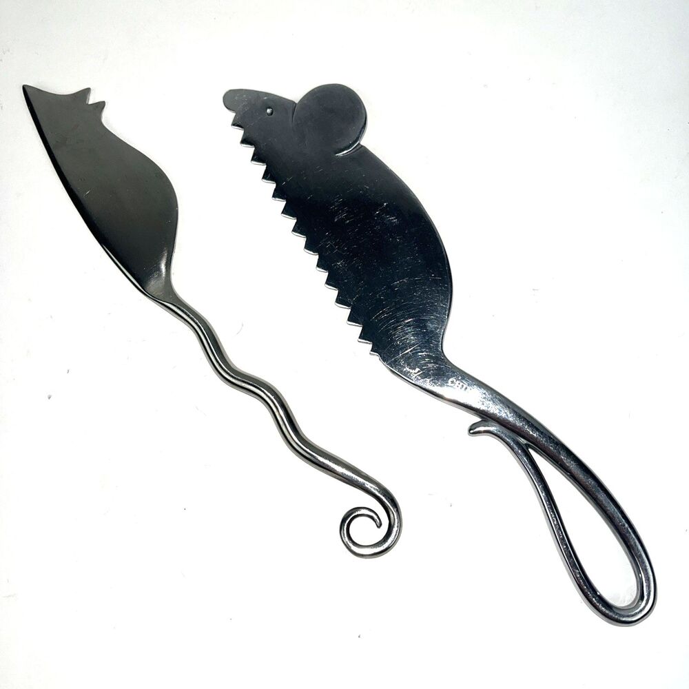 2 Stainless Steel Cheese Knives Mouse Bird Design Whimsical Novelty Kitchenware